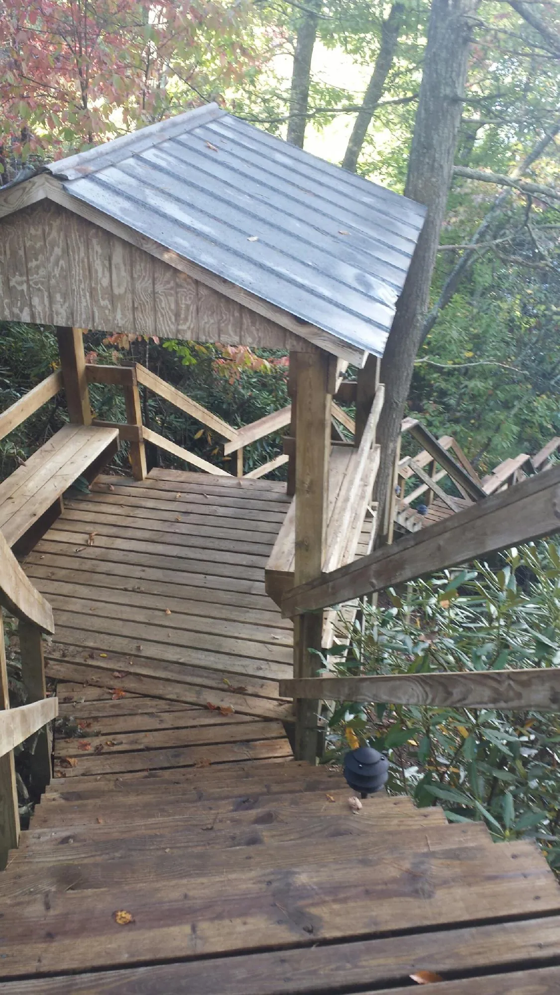 Metal roofed shelter over wooden steps on a wooded walkway — Skylight Repair & Installation work by our crew in Orrick
